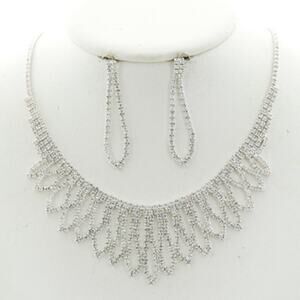 Silver Tone Clear Rhinestone Statement Necklace & Earring Set